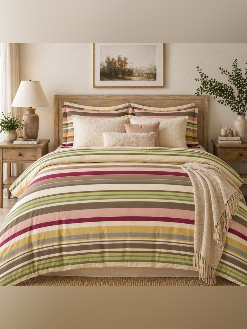 Pottery Barn Queen Cotton Duvet Cover Neutral Multi Stripe Cottage Chic